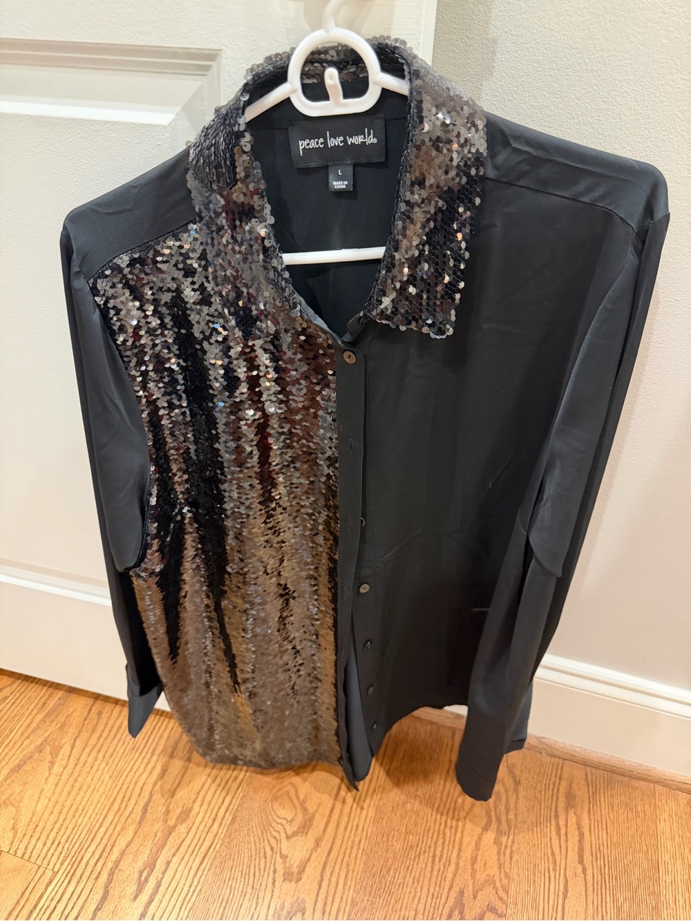 Peace Love World Black Button-Up Shirt with Gunmetal Sequin Front
